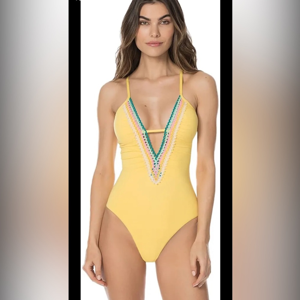 Isabella Rose Yellow Deep V Crochet Trim One-Piece Swimsuit